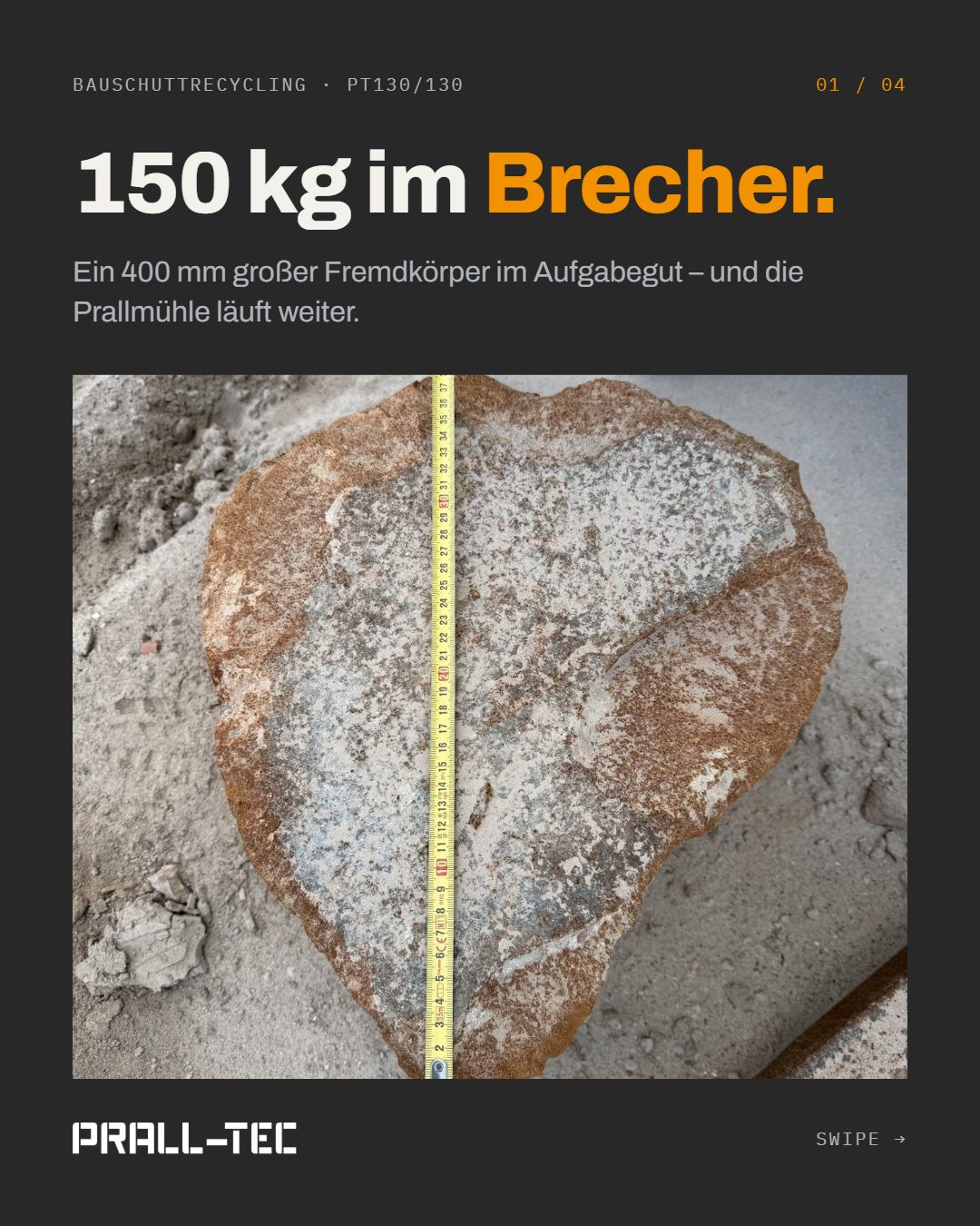 Grafik mit der Überschrift „150 kg im Brecher.“ und dem Satz „Ein 400 mm großer Fremdkörper im Aufgabegut – und die Prallmühle läuft weiter.“ Darunter ein Foto des massiven Fremdkörpers mit Maßband auf Bauschutt.