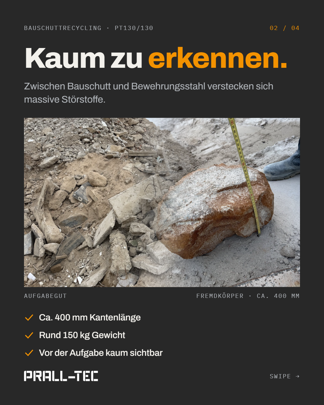 Grafik mit der Überschrift „Kaum zu erkennen.“ und dem Satz „Zwischen Bauschutt und Bewehrungsstahl verstecken sich massive Störstoffe.“ Zweigeteiltes Foto: links ein Bauschutthaufen, rechts der Fremdkörper mit Maßband. Darunter die Punkte: ca. 400 mm Kantenlänge, rund 150 kg Gewicht, vor der Aufgabe kaum sichtbar.