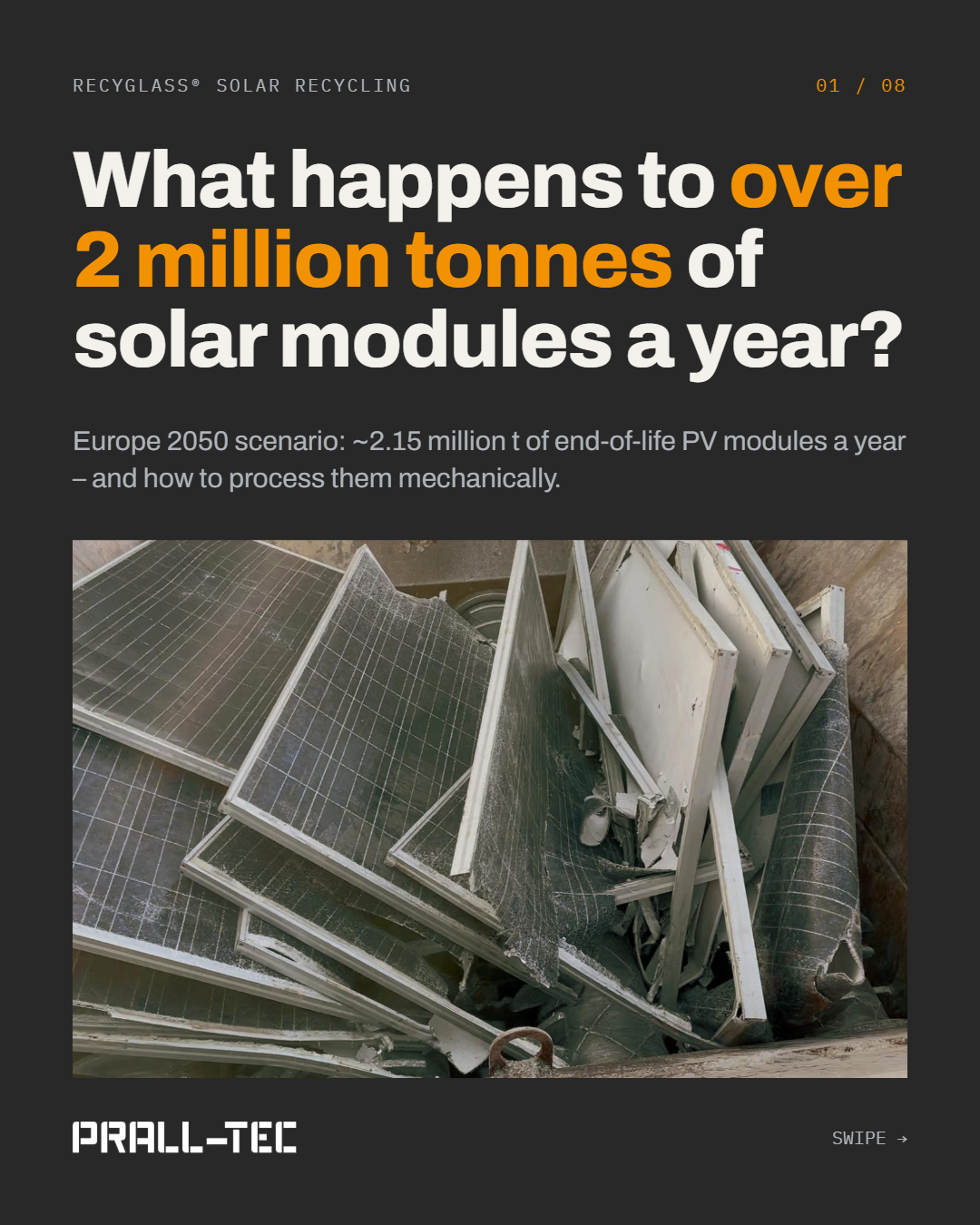 End-of-life PV modules in a feed hopper. Question: What happens to over 2 million tonnes of solar modules a year?