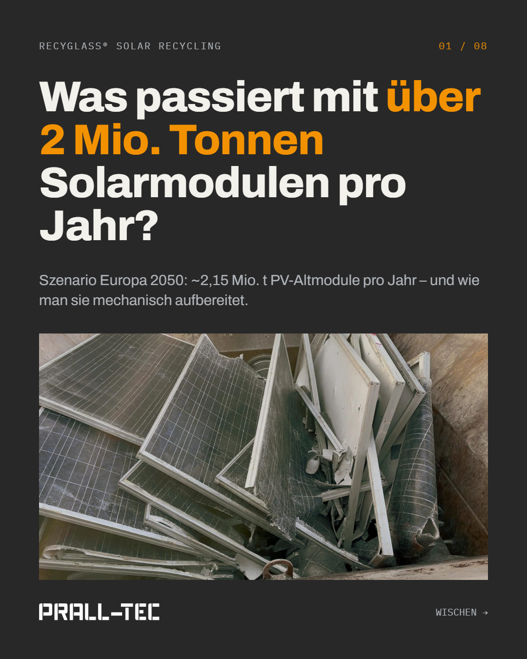 Ausgediente PV-Module im Aufgabetrichter. Frage: Was passiert mit über 2 Mio. Tonnen Solarmodulen pro Jahr?