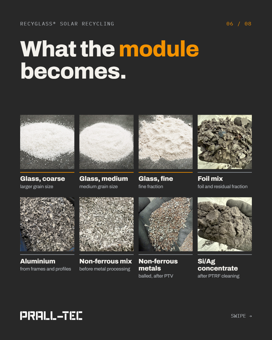 Eight output fractions: coarse, medium and fine glass, foil mix, aluminium, non-ferrous mix, balled non-ferrous metals and Si/Ag concentrate.