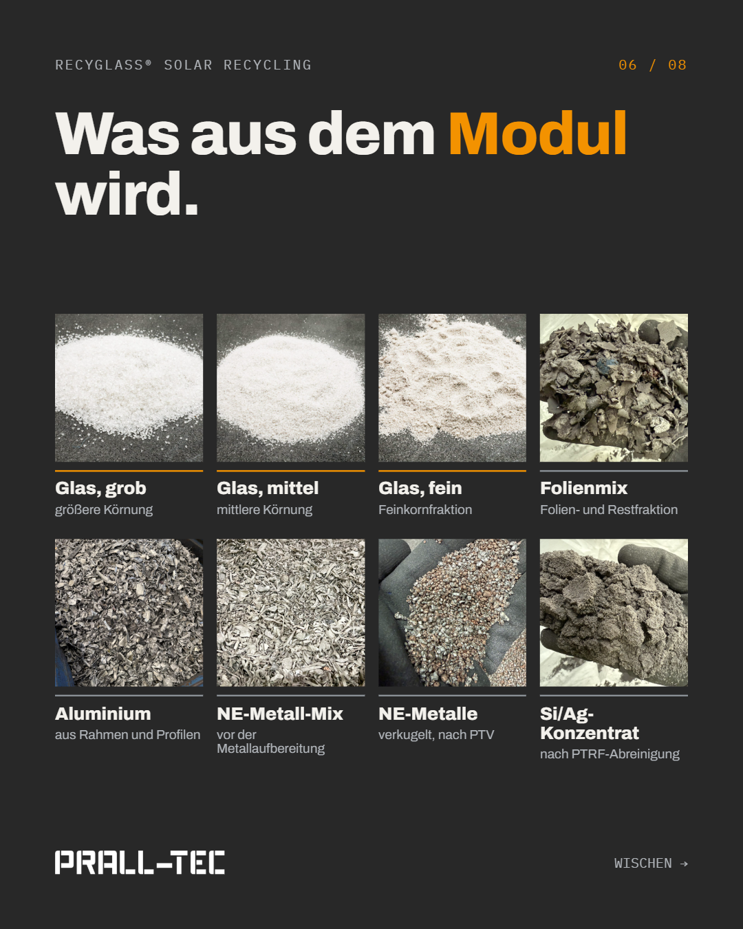 Acht Ausgangsfraktionen: Glas grob, mittel und fein, Folienmix, Aluminium, NE-Metall-Mix, verkugelte NE-Metalle und Si/Ag-Konzentrat.