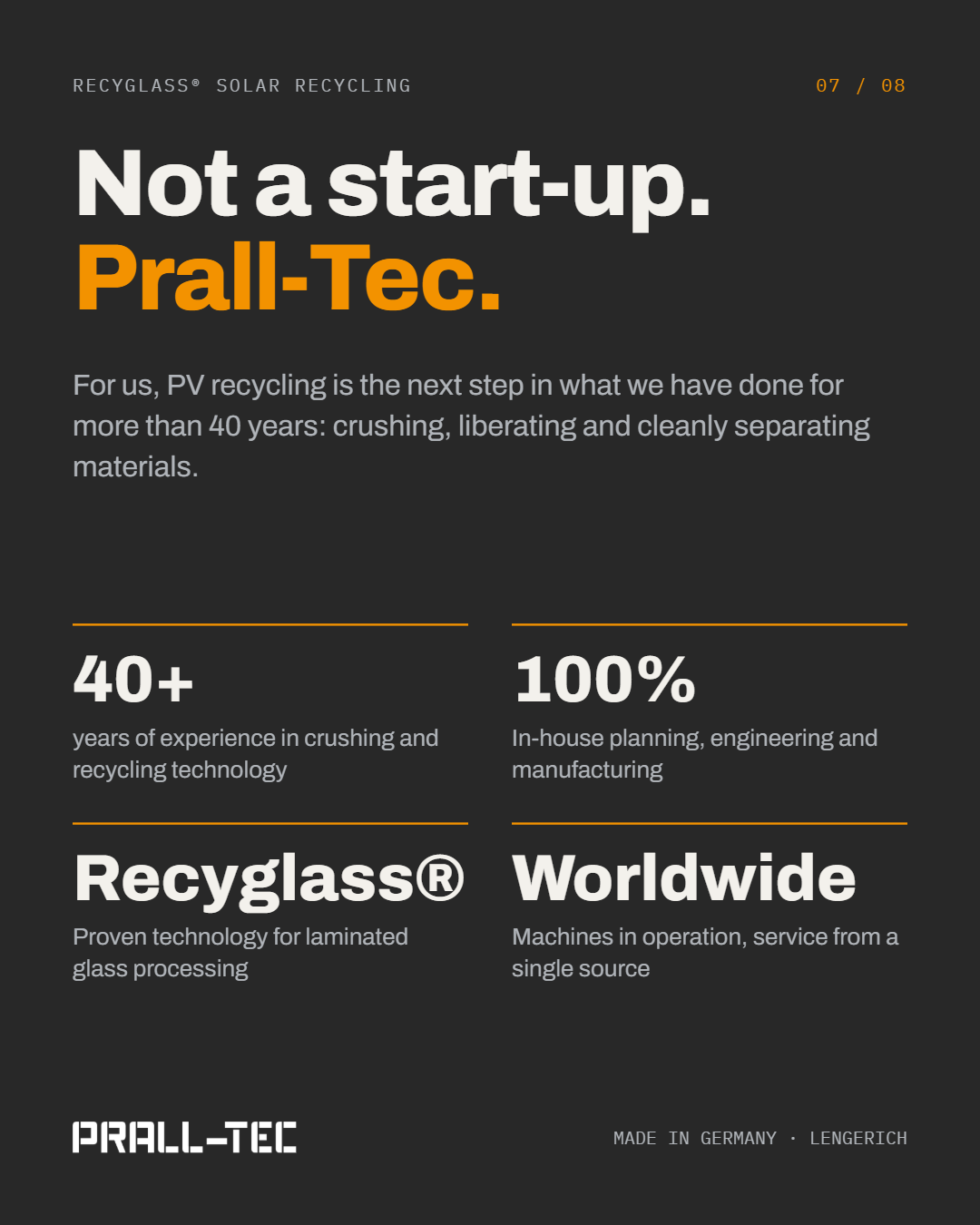 "Not a start-up. Prall-Tec." Over 40 years of experience, 100% in-house manufacturing in Germany, machines in operation worldwide.