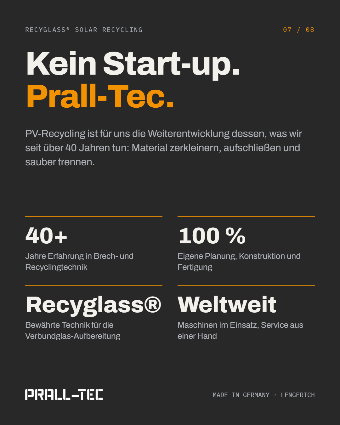 „Kein Start-up. Prall-Tec.“ Über 40 Jahre Erfahrung, 100 % eigene Fertigung in Lengerich, Maschinen weltweit im Einsatz.