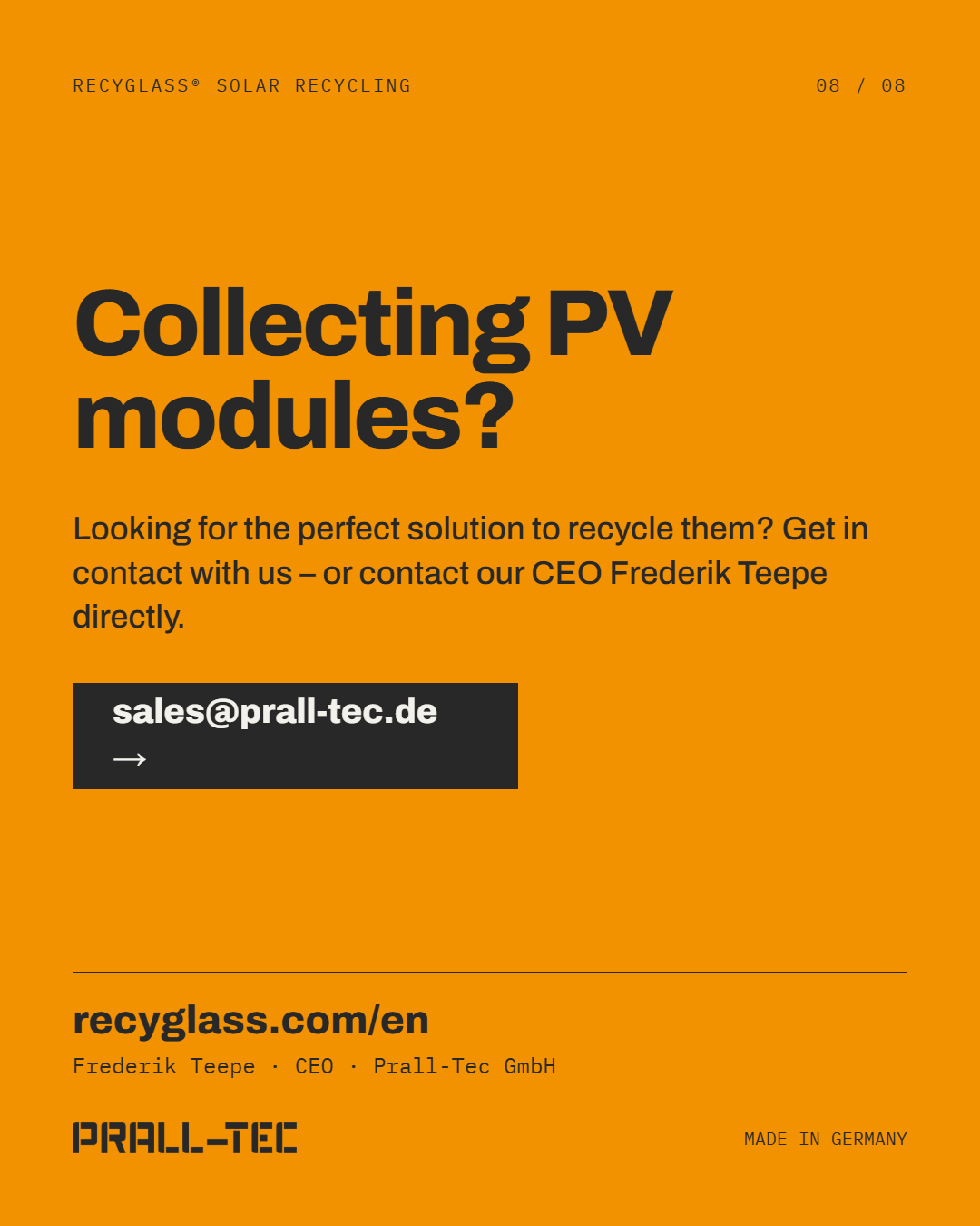Orange background: "Collecting PV modules?" Contact via sales@prall-tec.de or directly with CEO Frederik Teepe.
